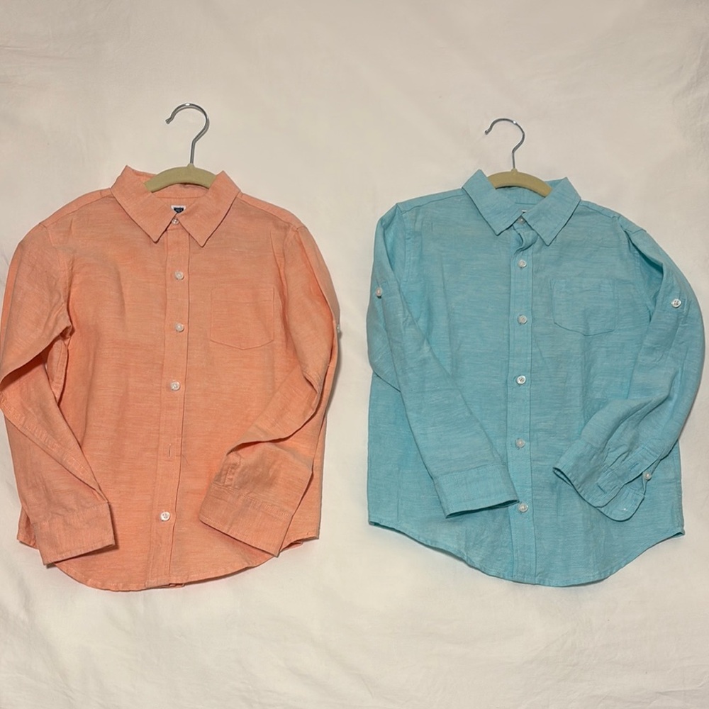 Kids Janie and Jack Linen long sleeve linen shirts in coral and turquoise